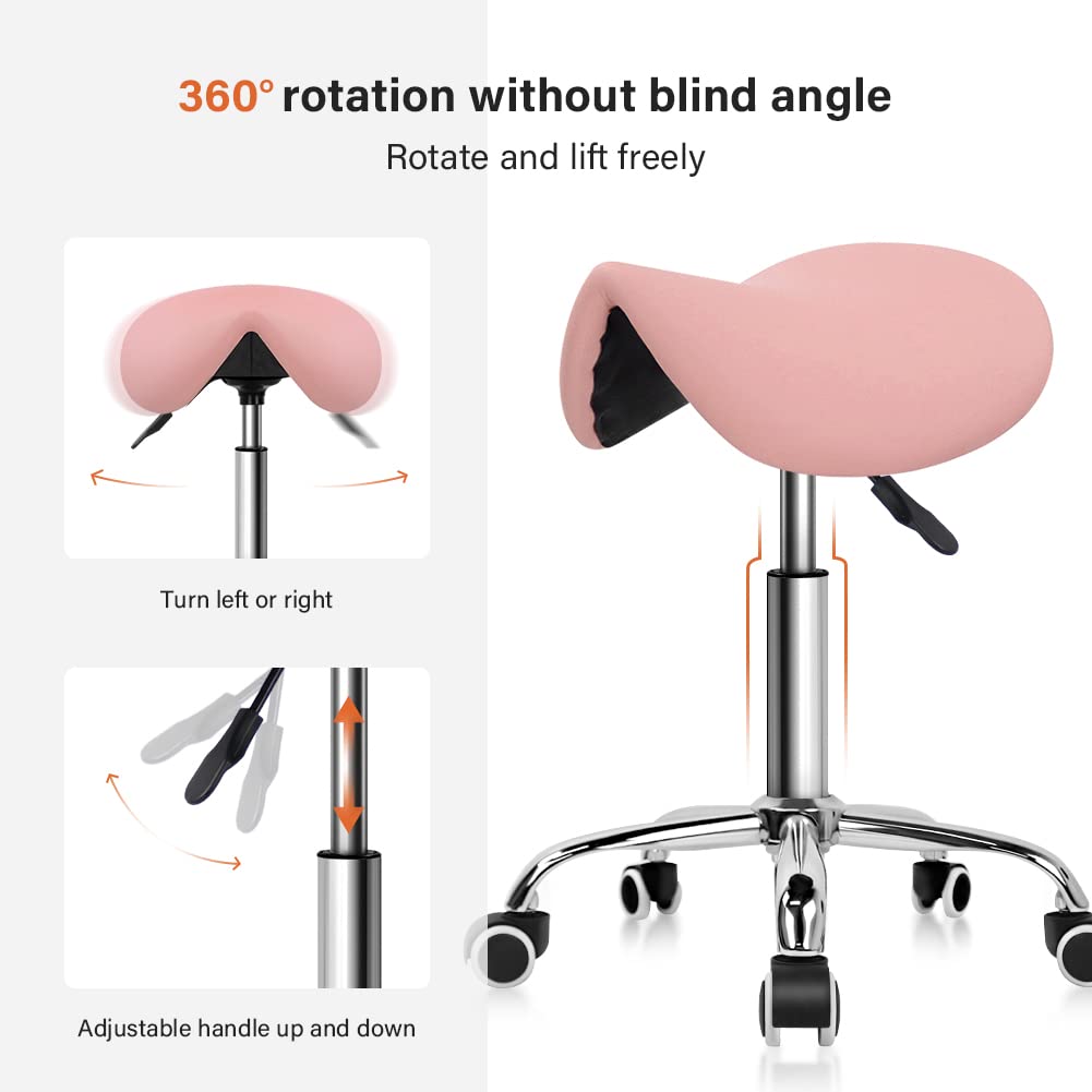 KKTONER Rolling Saddle Stool PU Leather Swivel Adjustable Rolling Stool with Wheels Salon Chair (Pink)
