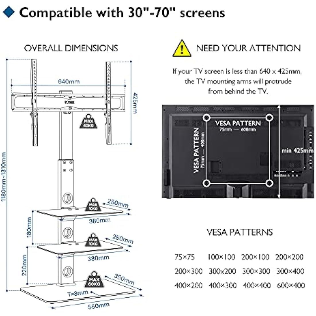 BONTEC Universal Floor TV Stand for 30-70 inch LED OLED LCD Plasma Flat Curved Screens, Height Adjustable Tall TV Stand with 3-Tier Tempered Glass Shelves up to 40KG, Max VESA 600x400mm