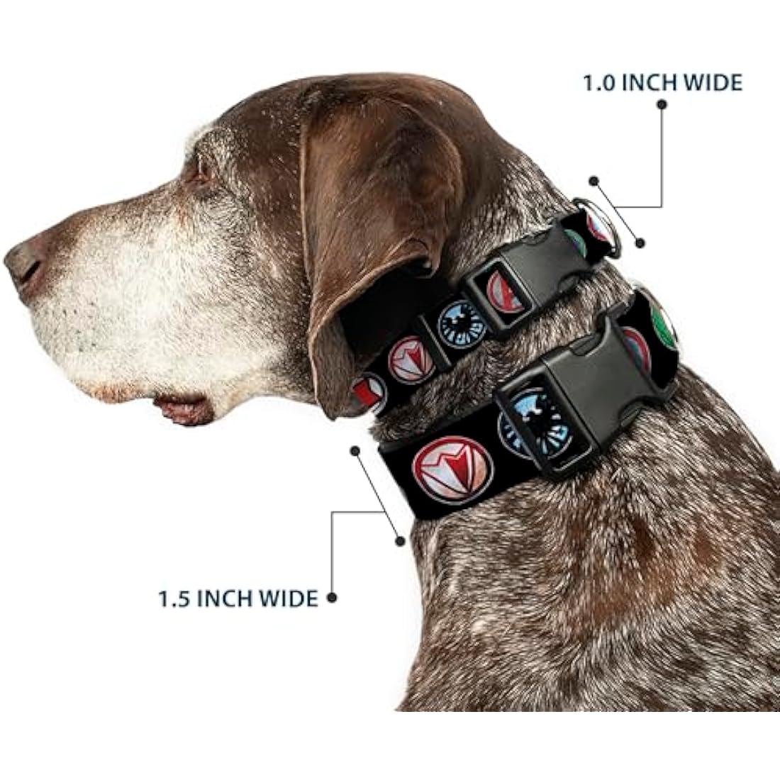 Buckle-Down 9Avenger Icons Black/Multi Color Marvel Avengers Plastic Clip Collar, Wide Large/18-32"