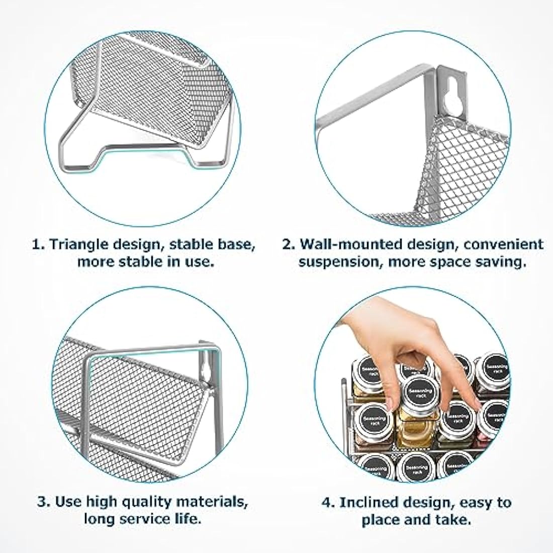 Mutool 4 Tier Spice rack Free standing Metal Kitchen Shelf,Plastic Spice Bottle Jars Storage Tidy Condiment holder for Countertop Cabinet, with 24 Spice jars,80 labels,1 pen,1 funnel(Silver grey)