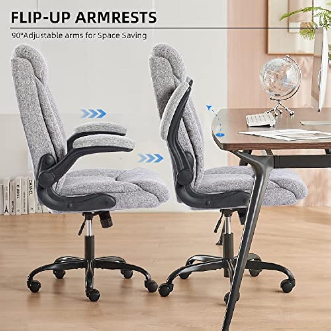 MZLEE Executive Office Chair, Ergonomic Computer Desk Chair Swivel Work Chair with Flip-up Armrest, Adjustable Height, Comfortable for Office Home Gaming(Grey Fabric)