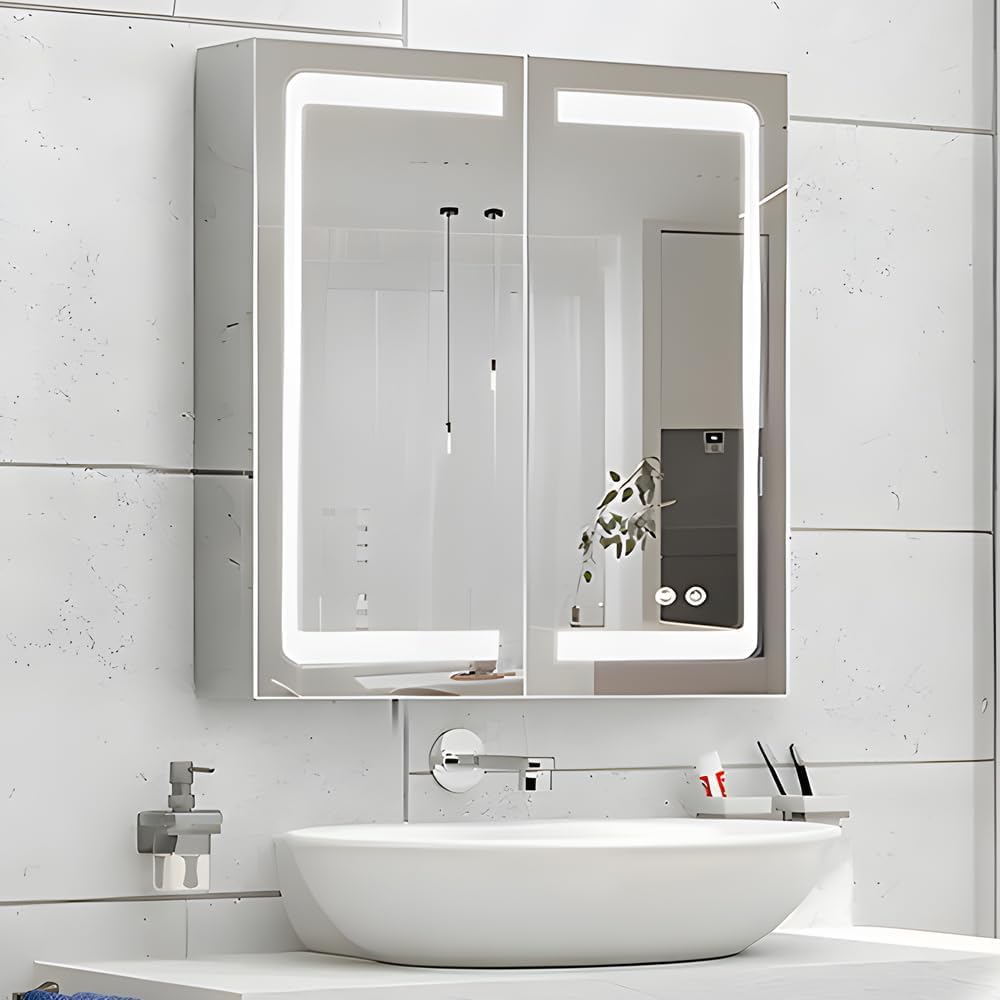 Janboe Stainless Steel LED Mirror Cabinet,Bathroom Mirror Cabinet with Light,3 Color,Dimmable,Equipped with Defogger,USB Shavor Socket,Internal