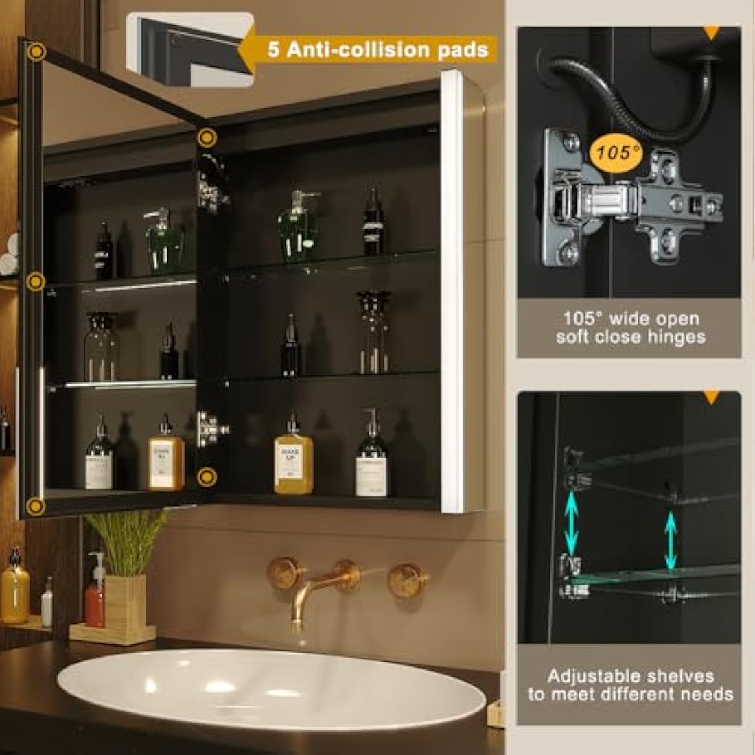 KWW LED Mirror Medicine Cabinet with Lights, LED Medicine Cabinet w/Defogger, Dimmer, 3 Color Light Makeup Mirror (55 x 70 cm)