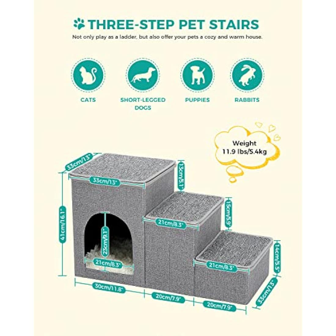PETEPELA Dog Steps for Bed, 3 Steps for Dog Step for Sofa with Storage for Small Dogs for Bed, Foldable Pet Stairs for Couch and High Bed Hold up to 30KG, Wood Grey