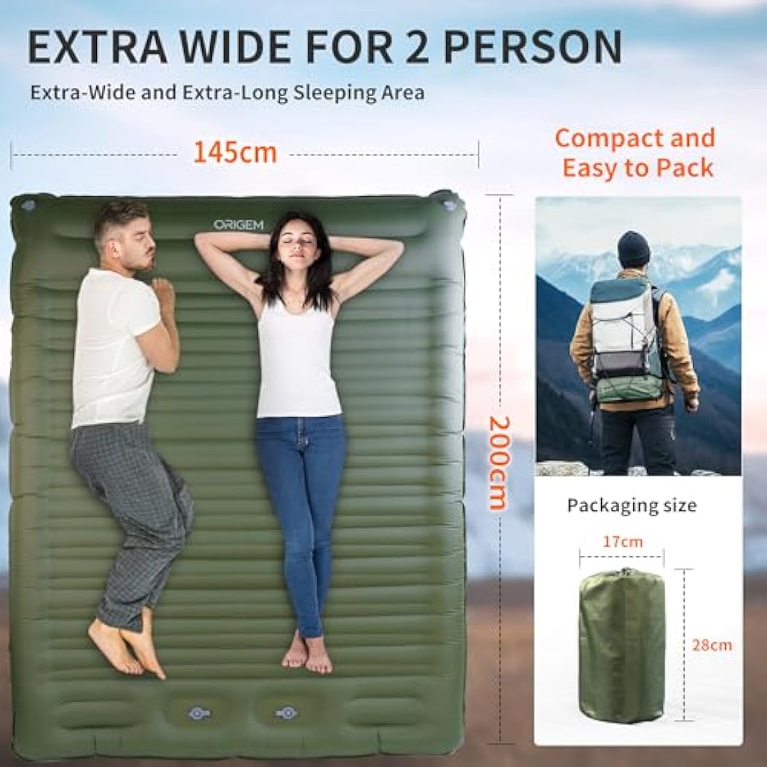 Origem Self Inflating Camping Sleeping Mat Double, 14Cm Extra Thick & Wide Camping Mattress with Built-In Foot Pump, Inflatable Sleeping Pad For Hiking, Outdoor, Traveling, Backpacking, Beach
