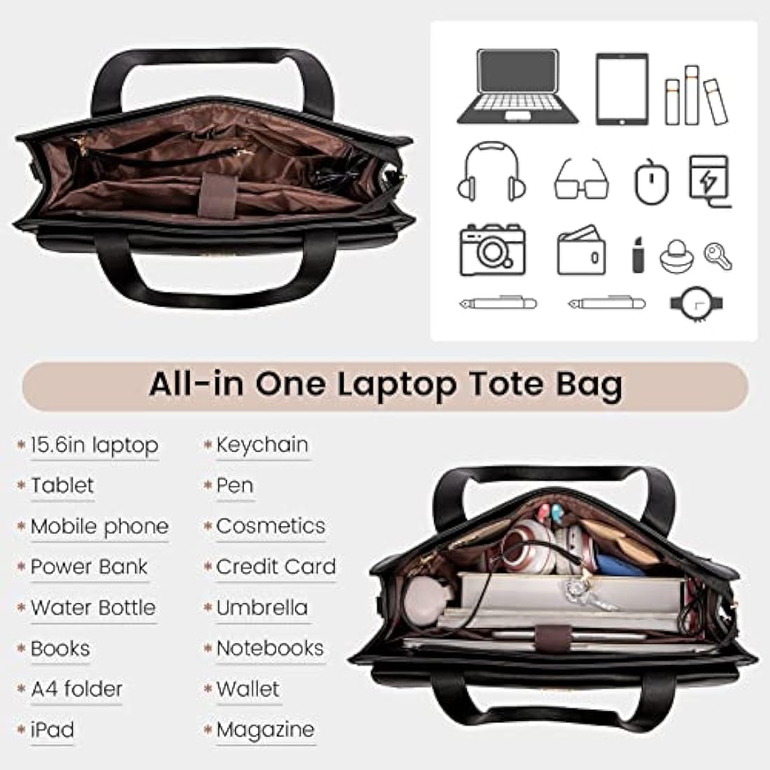 LOVEVOOK Laptop Bags for Women 15.6 Inch Ladies Work Bags Large Tote Bag with Laptop Compartment Designer Handbag Stylish PU Leather Briefcase for School Shoulder Bag for Office Business, Black