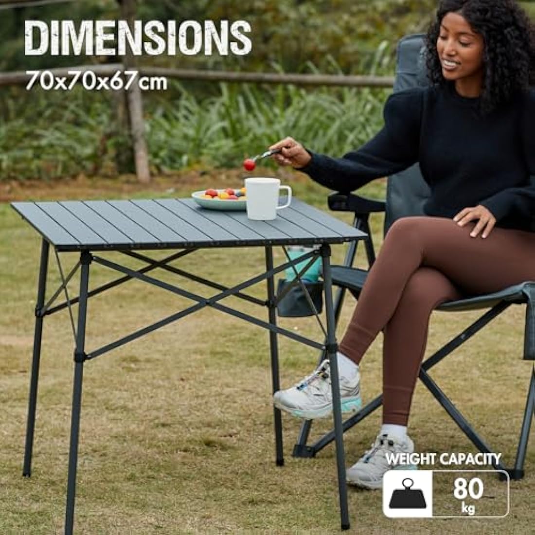 Portal Aluminium Folding Camping Table 70x70cm Square Roll Up Top 4 Person Compact Garden Table with Carry Bag for Picnic Camp Backyard BBQ