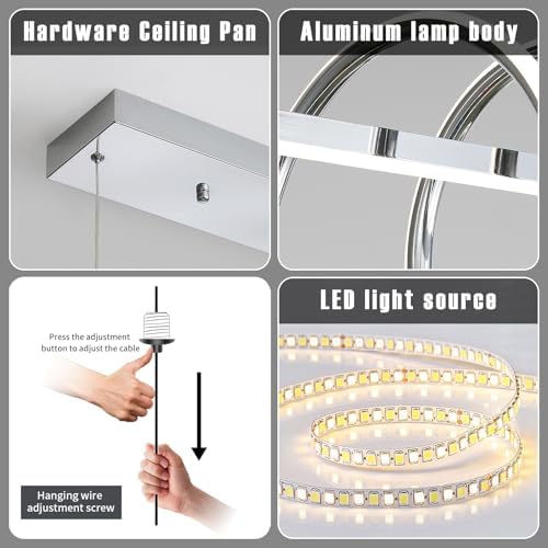 Mikeru 120cm Spiral Pendant Lighting, Chrome Kitchen Ialand Lights 3000K/4500K/6500K Dimmable 10% to 100% Hanging Modern LED Dining Lamp Ceiling with Memory Function for Living Room