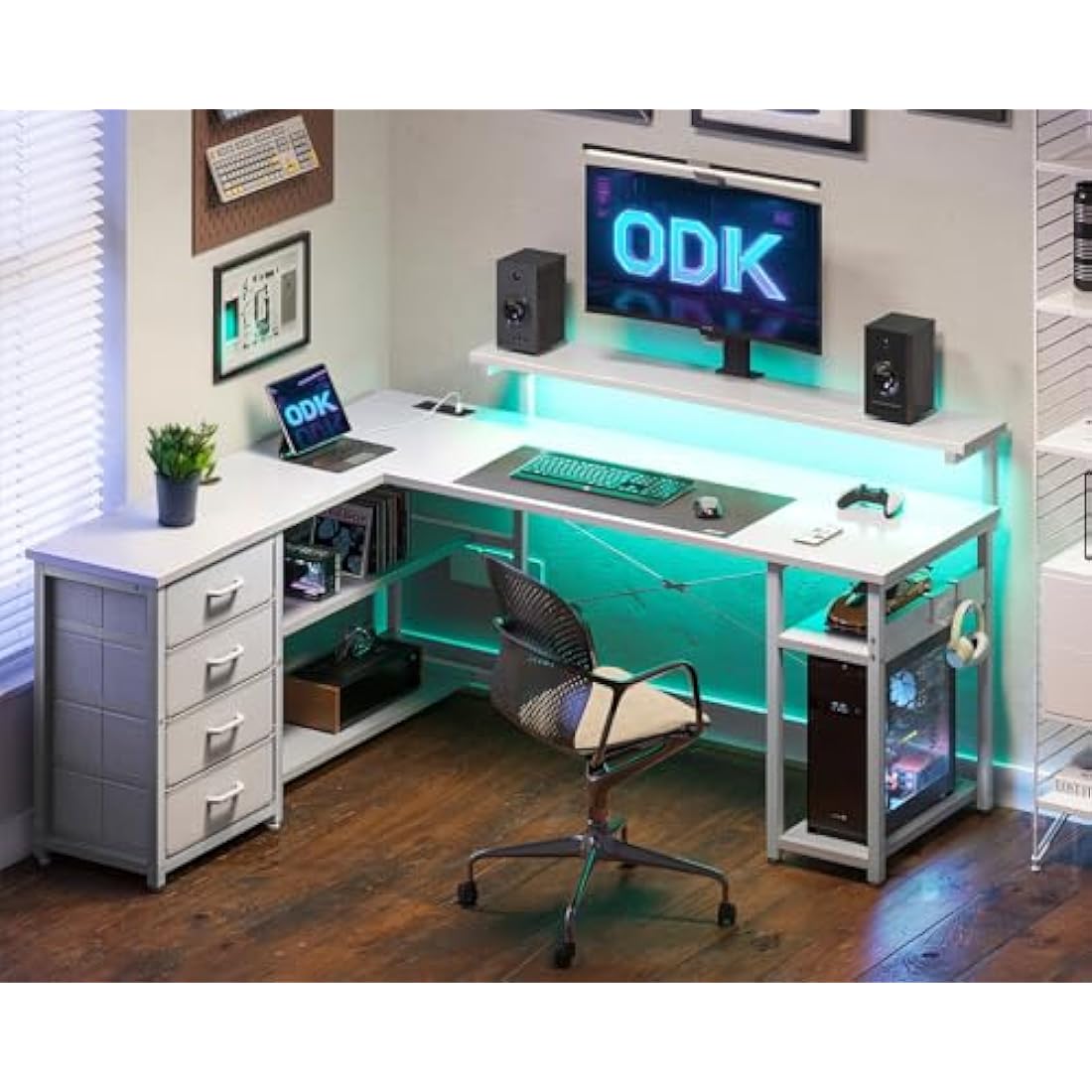 ODK Corner Desk with Drawers, L Shaped Gaming Desk with LED Lights & Power Outlets, Reversible Computer Desks for Home Office Workstation, Office Desks with Monitor Shelf, 135×110 cm, White