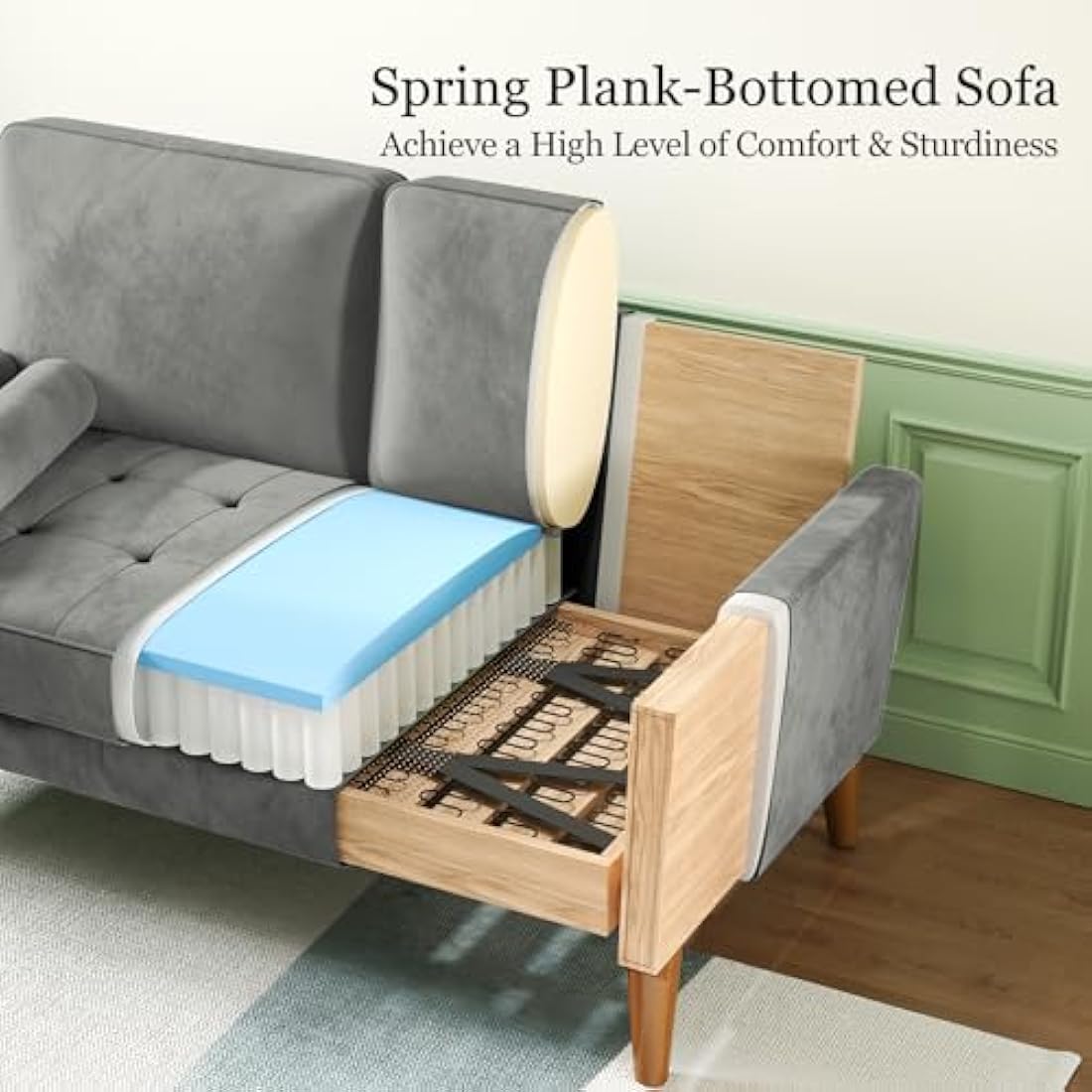 Vesgantti Small 2 Seater Sofa Grey, Comfy Sofa Couch with Spring Cushion, Velvet Sofa with Wood Legs, Modern Love Seat Sofa, Sofa 2 Seater for Living Room, Small Sofa for Bedroom, Grey Office Sofa