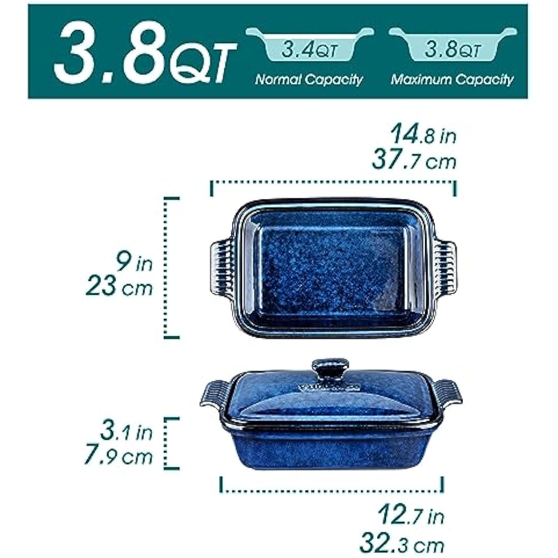 vancasso Starry 3.8 Quart Casserole Dish, Large Lasagna pan with lid, 9x13 inch Stoneware Casserole with lid, Microwave Safe, Blue