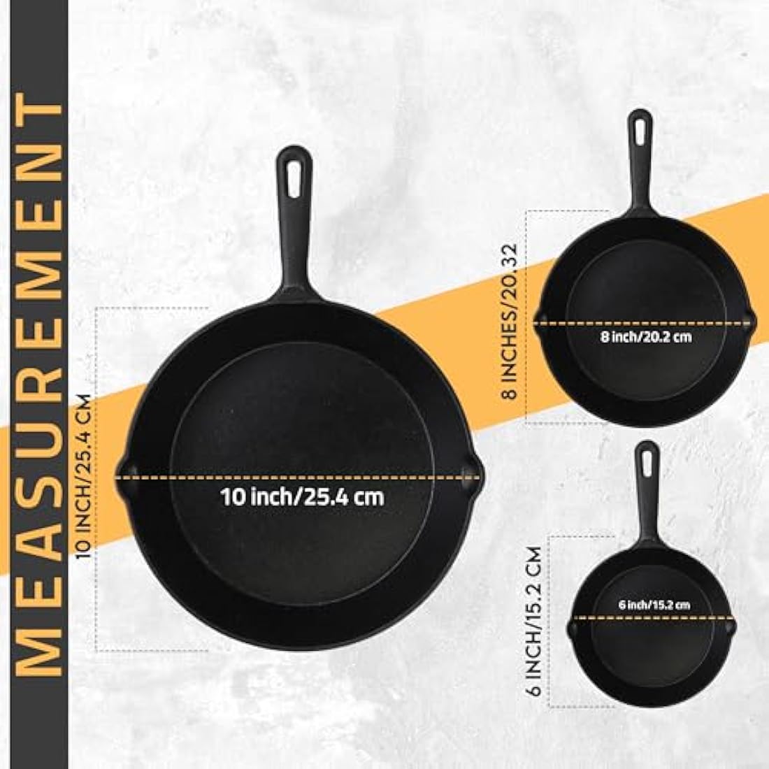 KICHLY Set of 3 Preseason Cast Iron Skillets, Cast Iron Induction Frying Pan Set with 6 Inch, 8 Inch and 10 Inch Sauté Fry Pans, Black