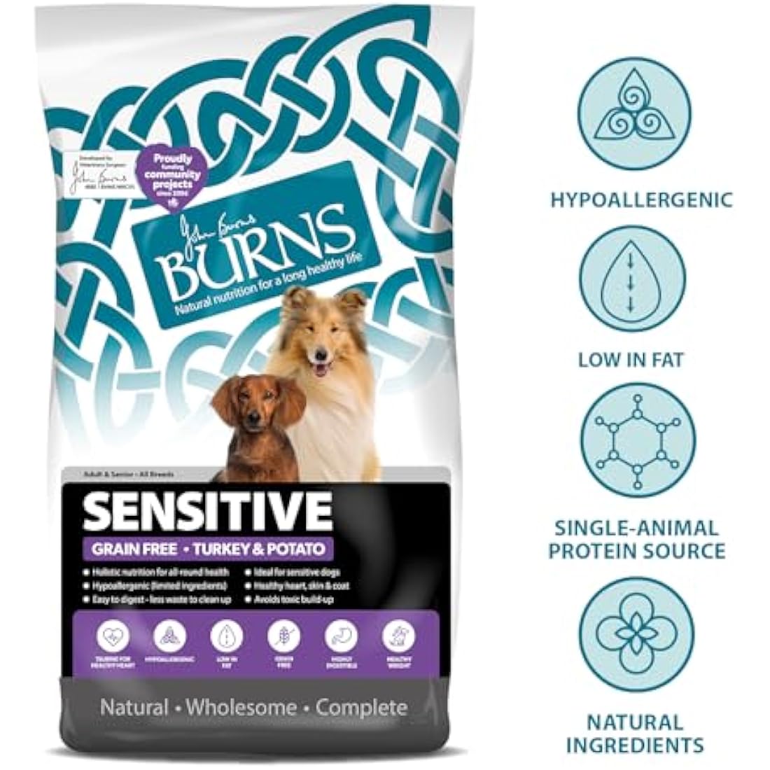 Burns Pet Nutrition Complete Dry Hypoallergenic Dog Food For Sensitive Dogs – Turkey and Potato 12 kg