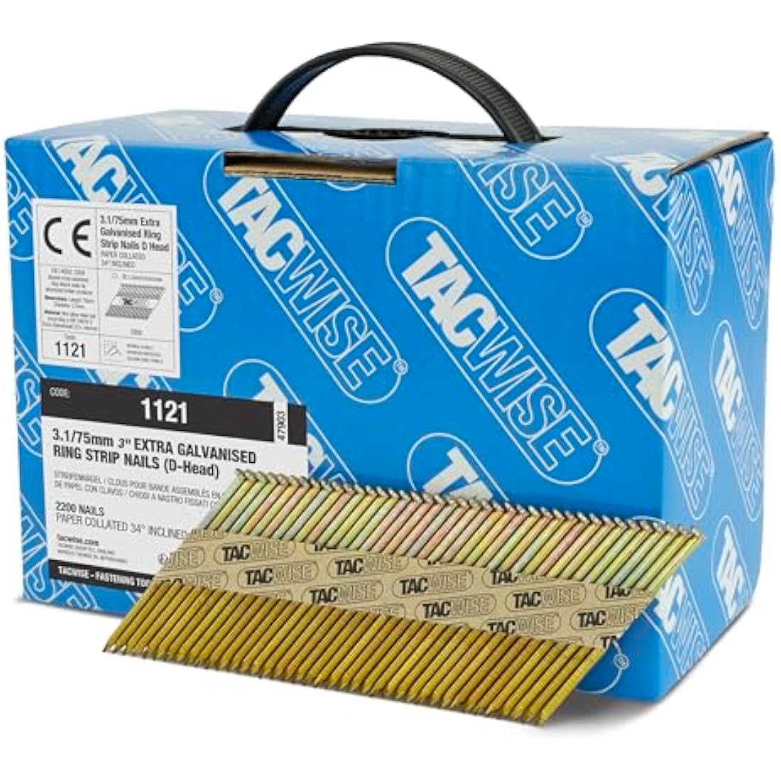 Tacwise 1121 3.1 / 75 mm Extra Galvanised Framing Nails, D Head, Ring Shank, 34° Inclined, Paper Collated, Pack of 2,200, Silver