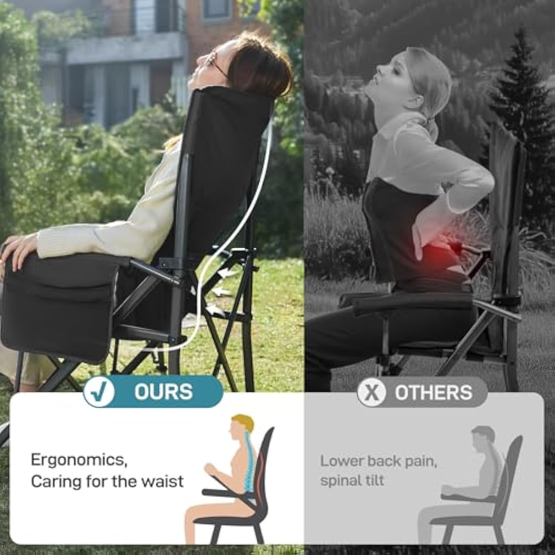 EVER ADVANCED Oversized Folding Camping Chair for Adults with Adjustable Lumbar Support, Heavy Duty Chair with Side Pockets, Portable Collapsible Quad Chairs for Outside, Support Up to 230KG,Black