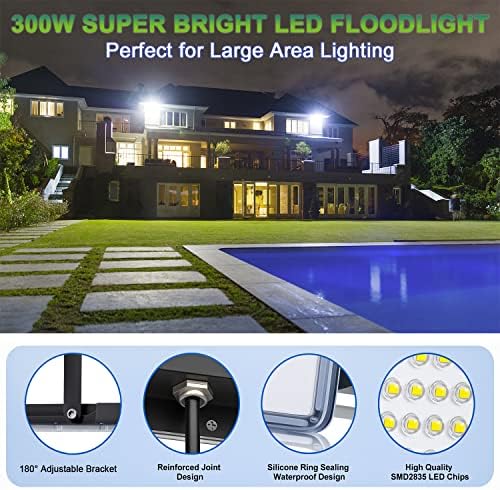 YIQIBRO 300W LED Floodlight Outdoor 2 Pack, IP67 Waterproof Outside Security Lights, 30000LM 7000K Cool White LED Floods Light Outdoor Spotlight for Garden, Garage, Warehouse, Workshop, Factory