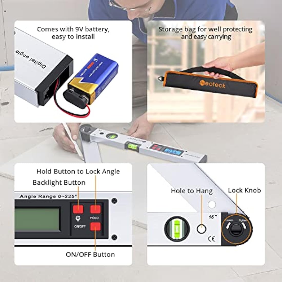 Neoteck Aluminum Digital Angle Finder Protractor 225° 16 inch Backlit LCD Digital with Horizontal and Vertical Bubble - Silver
