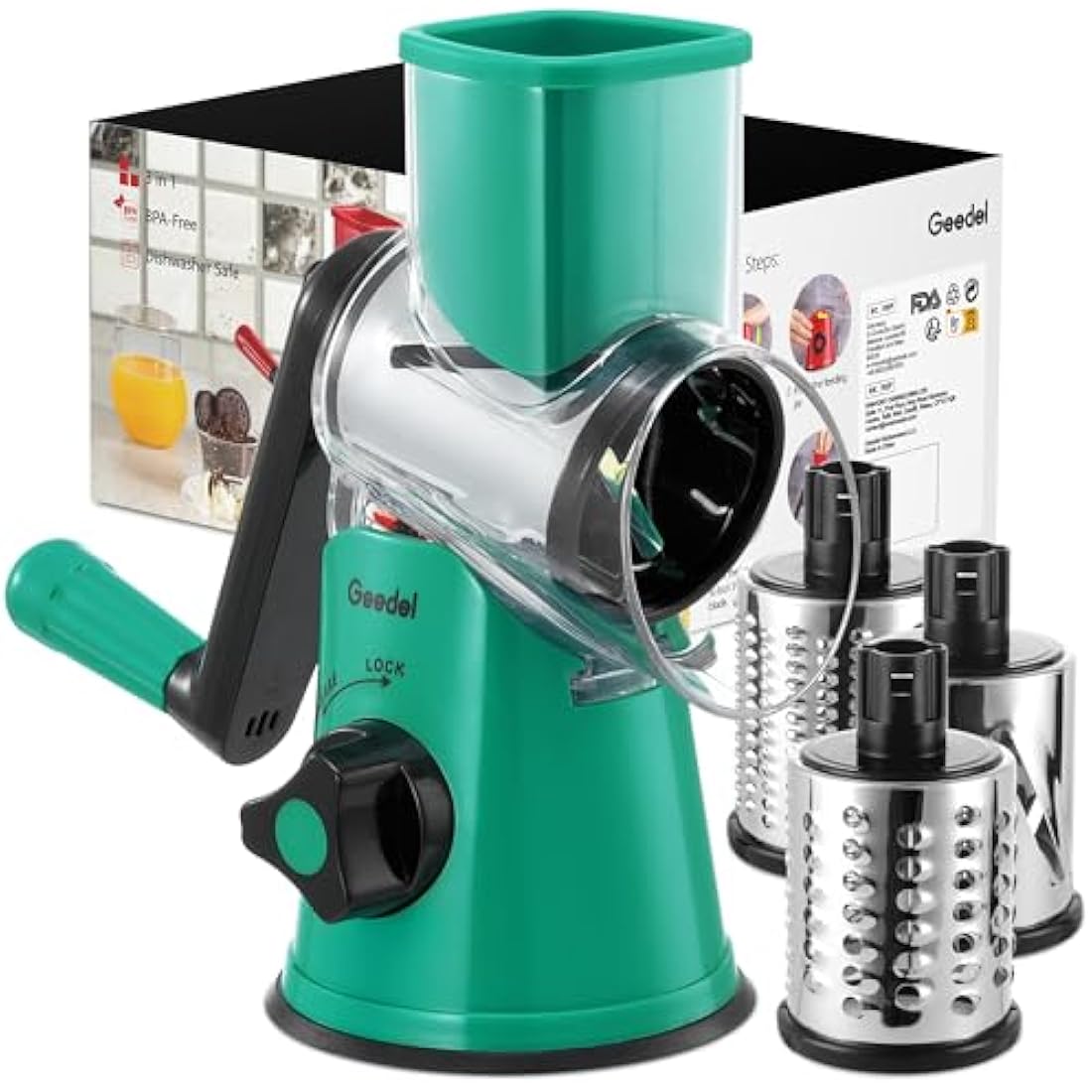 Rotary Cheese Grater, Vegetable Slicer with Three Drum Blades, Grater for Kitchen Faster and Easy Cutting, Rotary Drum Grater Ideal for Cheese, Cucumber, Carrot, Nuts, etc.