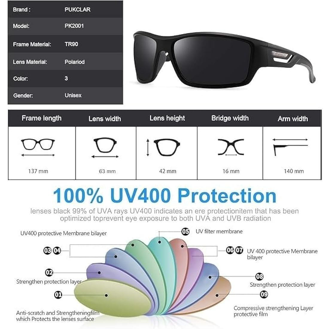 PUKCLAR Polarised Sports Sunglasses for Men Women Driving Sunglasses Cycling Running Fishing Goggles TR90 Frame
