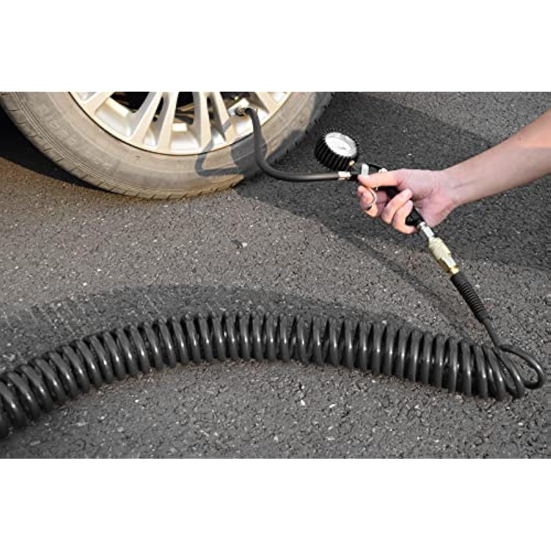 YOTOO Air Compressor Hose Polyurethane Recoil 15m Long 6mm ID x 9.5mm OD with Bend Restrictor, 1/4" Europe Quick Coupler and Plug, Gray