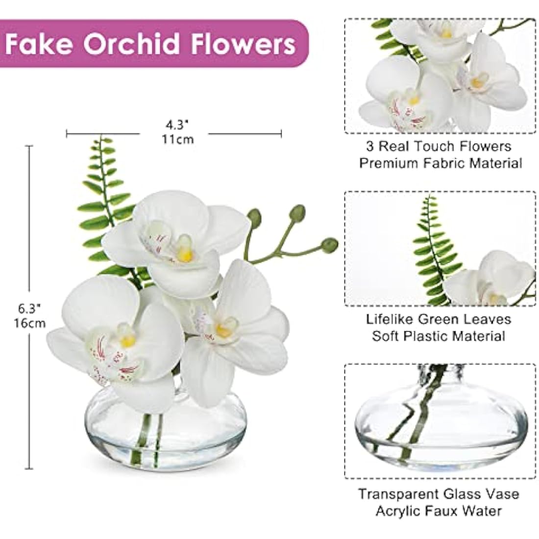 Briful Set of 3 Artificial Orchids in Glass Vase, White Orchids Fake Flowers in Faux Water Artificial Flowers for Decoration Artificial Plant for Living Room Bathroom Office Décor