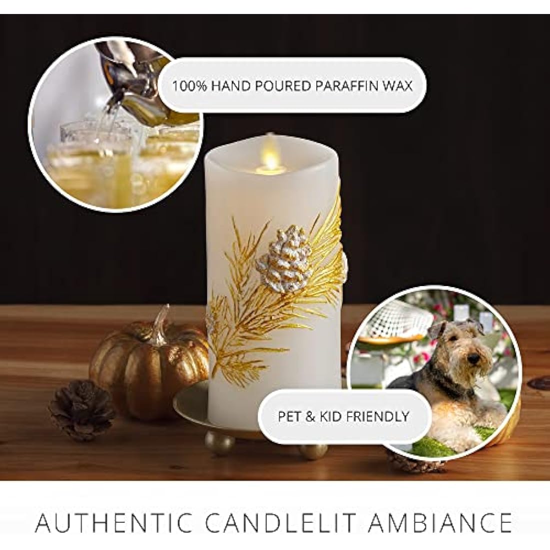 Luminara Embossed White Pinecone Flameless LED Candle Pillar (3" x 6.5") - with Recessed Edge Unscented Real Wax LED Battery Operated Candle Lights