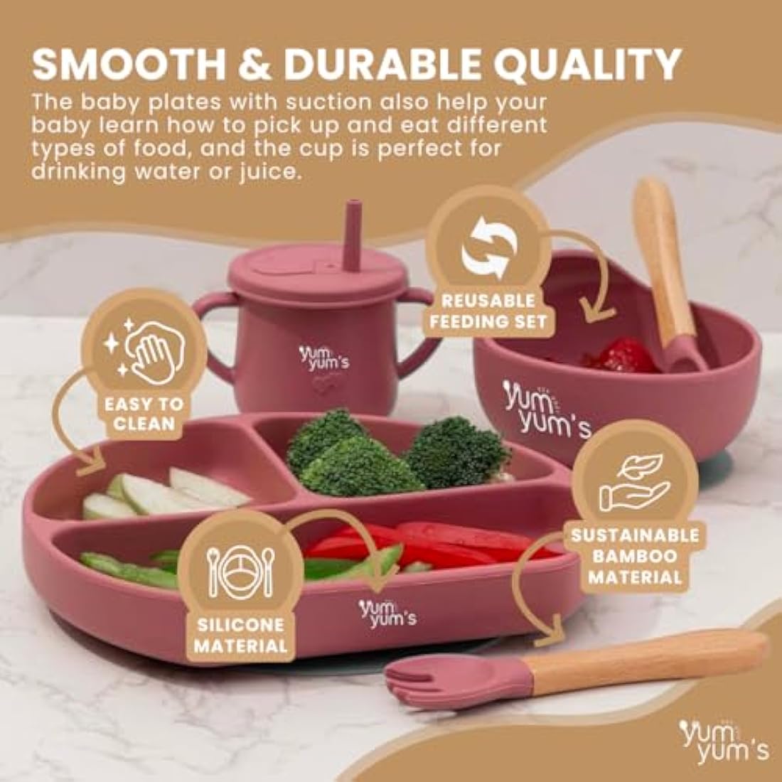Yum Yum's Baby 10 Pcs Pink Weaning Set - Complete Toddler Feeding Kit w/Sectioned Plate, Suction Bowls, Cutlery with Mouth Guard, Straw Cup, Bib & Mat - Non-Slip - for Toddlers & Baby Gift