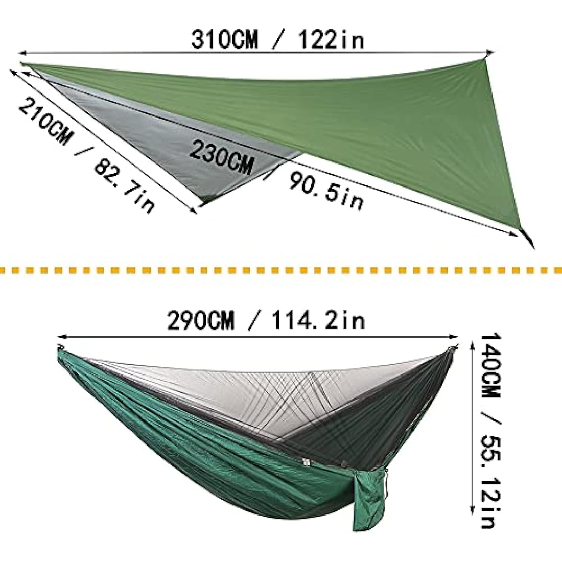 YCD Hammock, Portable Camping Hammock Set, Single/Double, Mosquito Net, Rain Shade Tent, 210T Parachute Nylon, 440 lbs, Dark Green