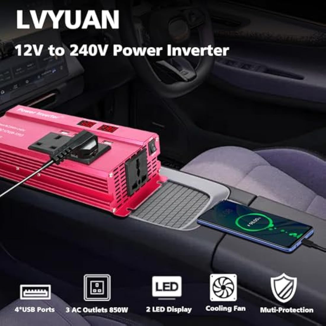 LVYUAN Power Inverter 850W/2000W DC 12V to 240V AC Car Converter with 4 USB 3 AC Sockets Car Adapter With LED Display for Travel Camping RV Truck
