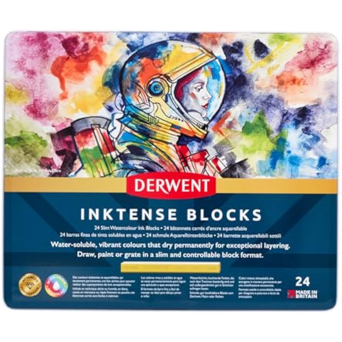 Derwent Inktense Blocks 24 Tin, Set of 24 Water-Colours, 8mm Block, Water-Soluble, Ideal for Drawing, Colouring, Crafts & Painting on Paper & Fabric, Professional Quality (2300443)