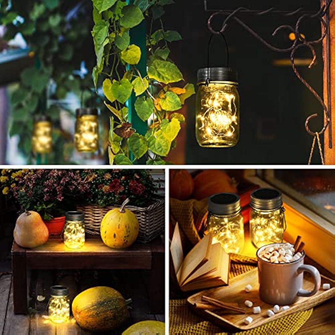GIGALUMI Hanging Solar Mason Jar Lights, 6 Pack 30 Led Lanterns. Great Outdoor Decor for Patio Garden, Yard and Lawn, Warm White