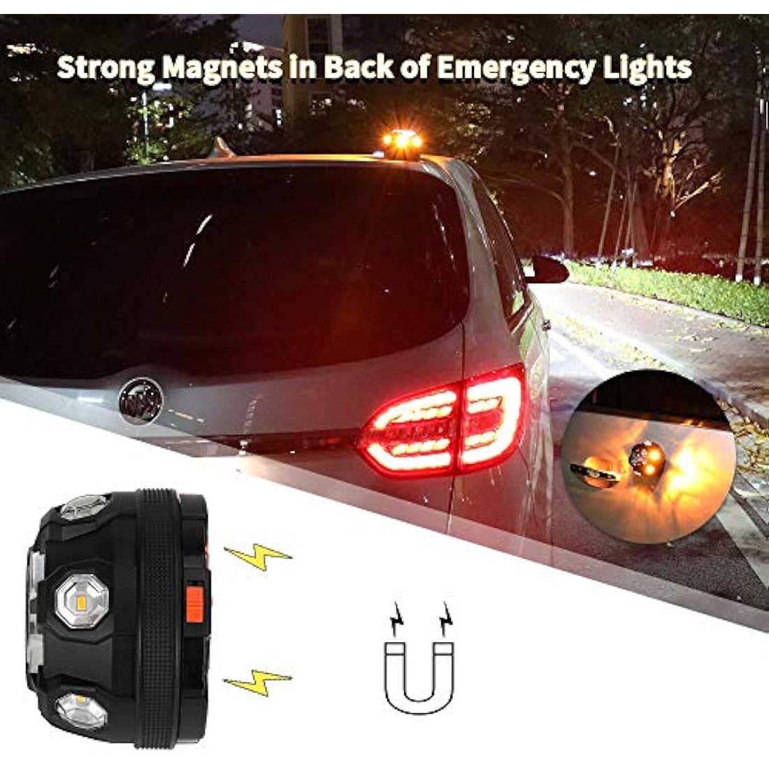 Car LED light Road Flares, Vehicle Emergency Breakdown Kit, with 8 Amber Flashing modes,Warning Signal beacon disc for safety with 1.5km 360 degree visibility plus magnetic base and hook attachment