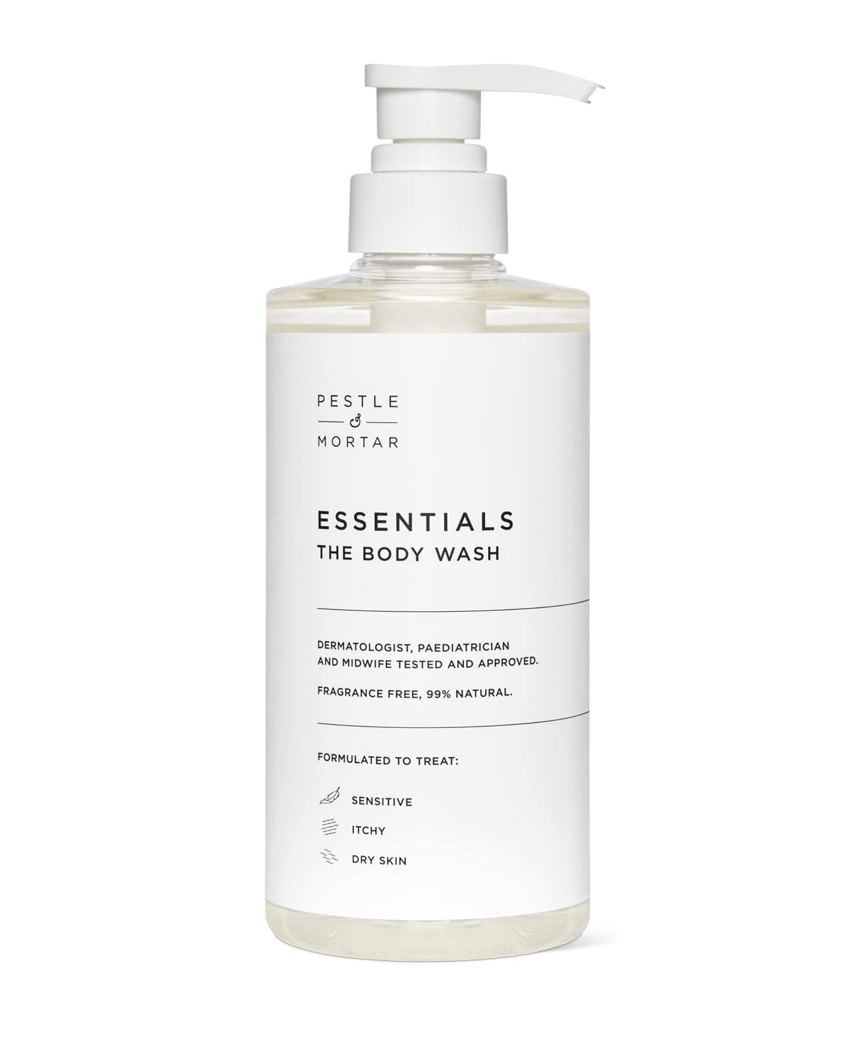 Pestle & Mortar Essentials Body Shower Gel 500ml, with Vitamin E, For Dry, Itchy, Sensitive and Eczema-prone Skin, Dermatologically tested, midwife