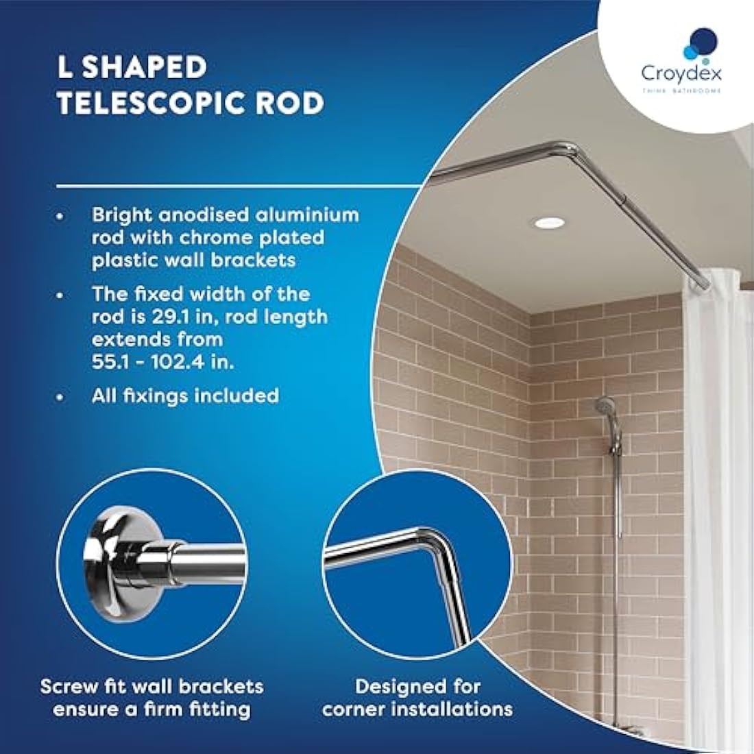 Croydex AD103000 L Shaped Telescopic Silver Shower Curtain Rail 1400mm - 2600mm, Chrome