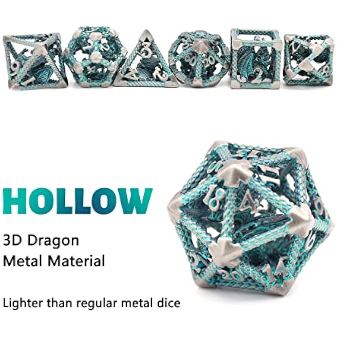 D&D Hollow Metal Polyhedral Dice Set for RPG and Tabletop Games - 3D Silver Blue