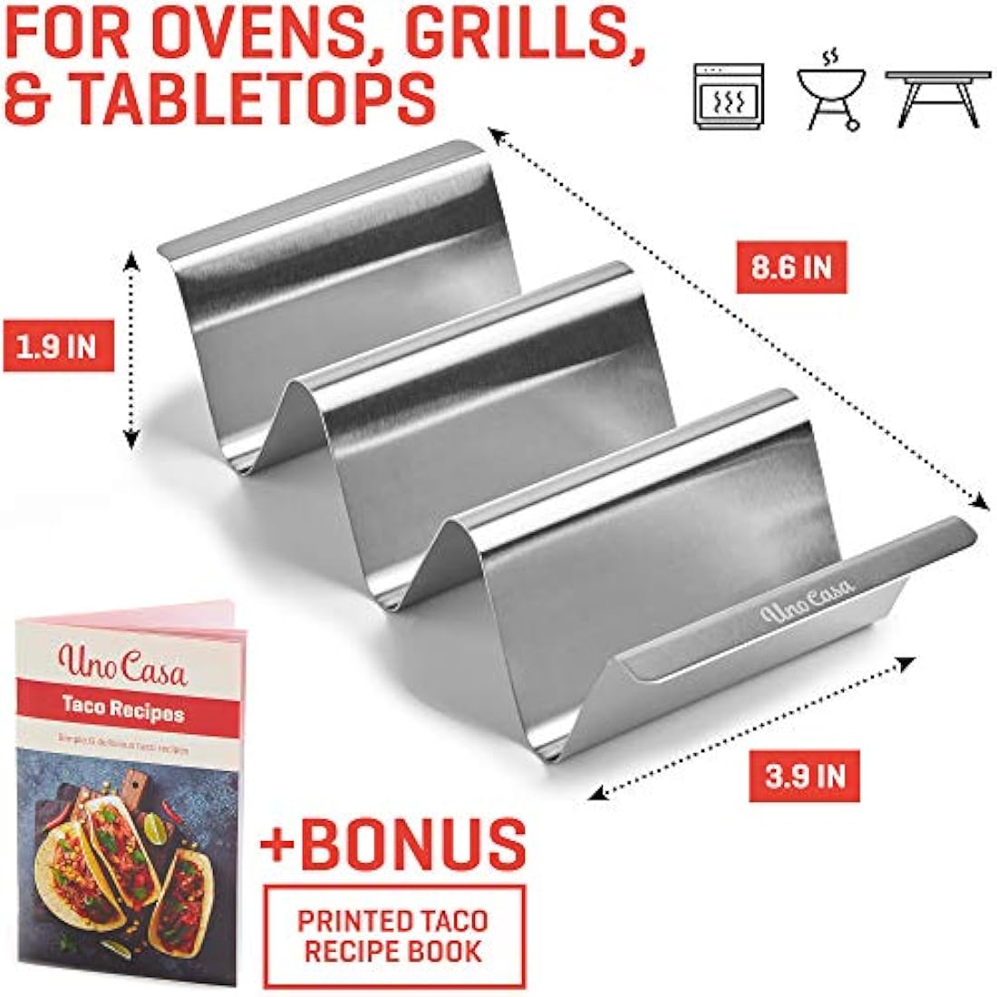 Uno Casa Taco Holders Set of 6 - Metal Holder for Taco Shells - Durable Stand for U-Shaped Rack - Perfect for Serving, Baking, and Grilling - Includes Recipe Book for Delicious Mexican Creations