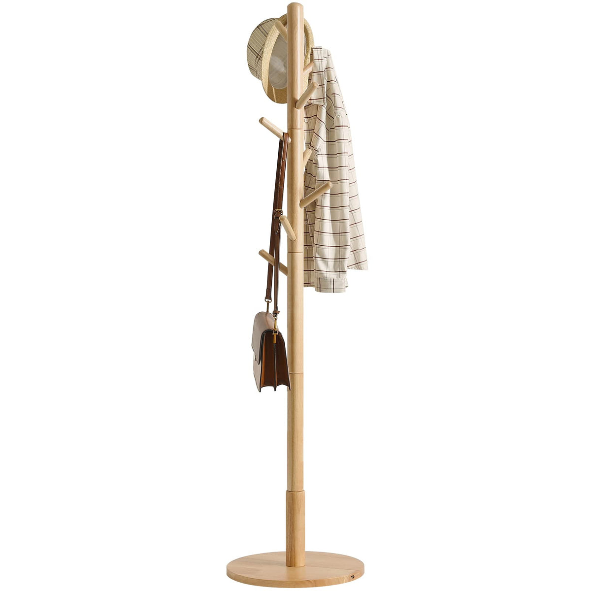 IBUYKE Free Standing Hall Coat Tree with 8 Hooks, Stand Tree Rack with Round Base, Entryway Coat Stand for Purses, Clothes, Scarves, for Hallway,