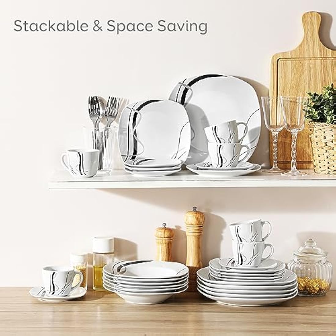 VEWEET 'Fiona' 30-Piece Dinner Set Ivory White Black Lines Porcelain China Ceramic Combination Sets with Dessert Plates/Soup Plates/Dinner Plates/Cups/Saucers, Service for 6