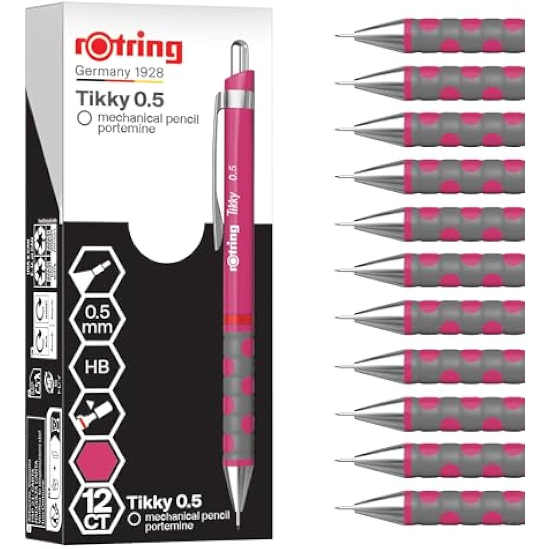 rOtring Tikky Mechanical Pencil | HB Lead, 0.5 mm | Magenta (pink) Barrel | Lightweight with Rubberised Grip | 12 Count