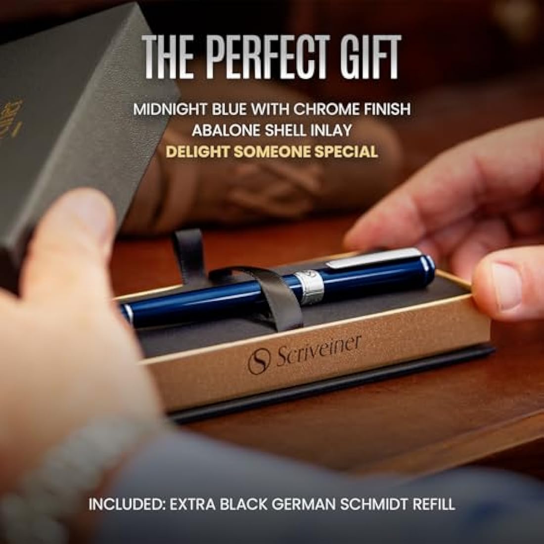 Scriveiner Midnight Blue Rollerball Pen - Multi Award Winning Luxury Rollerball with Chrome Trim & Schmidt Refill, Quality Executive Writing Pen for the Office, Journaling or Gift Set for Men & Women