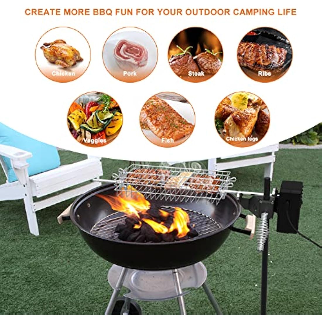 onlyfire BBQ Rotisserie Grill Kit Floor Stand Spit Roaster including Rotisserie Basket, Spit Forks, Battery Motor with Power Adapter, Car Charging Cable, Carrying Bag for Outdoor Camping Barbecue