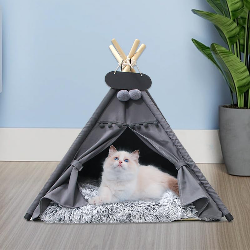 Whiwhi Pets Teepee Dogs Tent with Plush Dog Mat Washable Cats Tents Dog/Cat Bed Luxery Kennels Play House 60x60x70cm