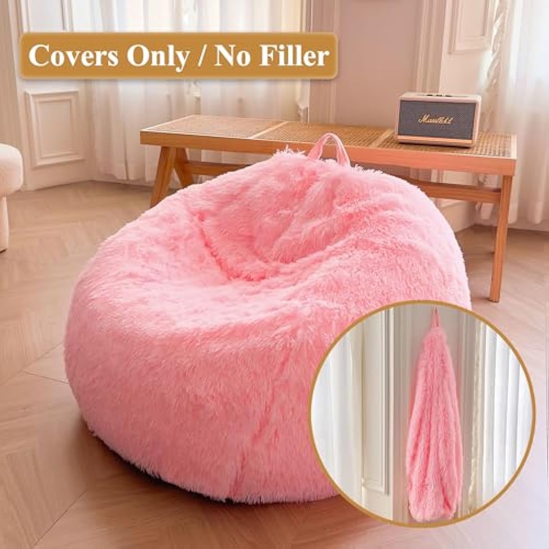 XeGe Faux Fur Comfy Bean Bag Cover for Living Room(No Filler), Fluffy Stuffed Animal Storage Bean Bag Chair Cover Home Decor, Furry Fuzzy Big Gaming Beanbag Cover Adults Kids Girls, Anti-slip, Pink