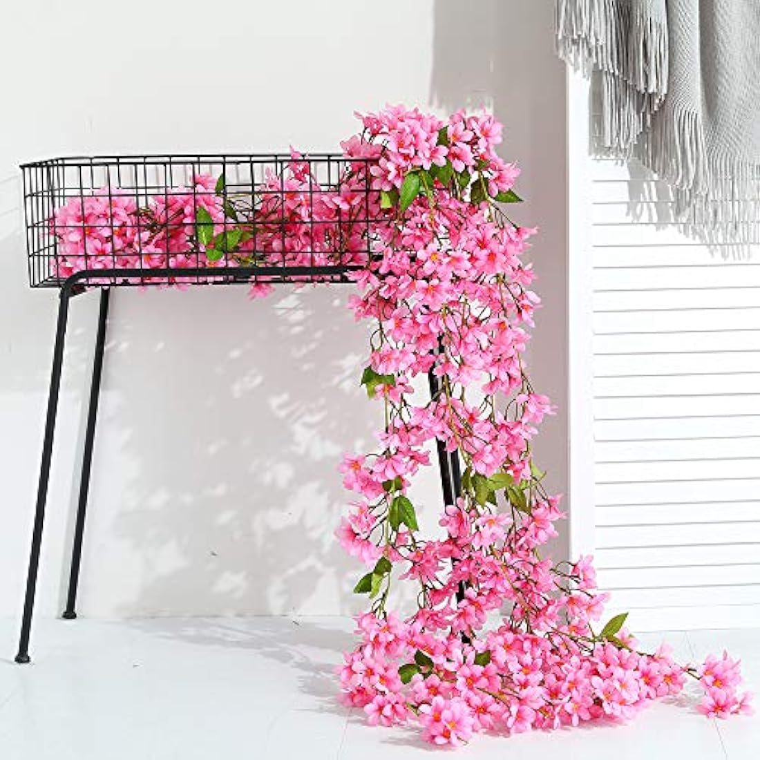 JUSTOYOU 2 Pcs 5.7FT Artificial Flowers Cherry Blossom Sakura Hanging Vine Fake Sakura Garland Fake Oriental Cherry Wreath Home Garden Party Wedding Decor（Rose Red）