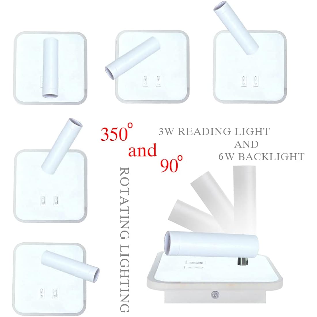 uksunvi LED Wall Mounted Lamp,Bedside Reading Wall Light,12W LED Wall Lamp, Adjustable Spotlight （3W +9W 3000K Warm Light） (White Square)