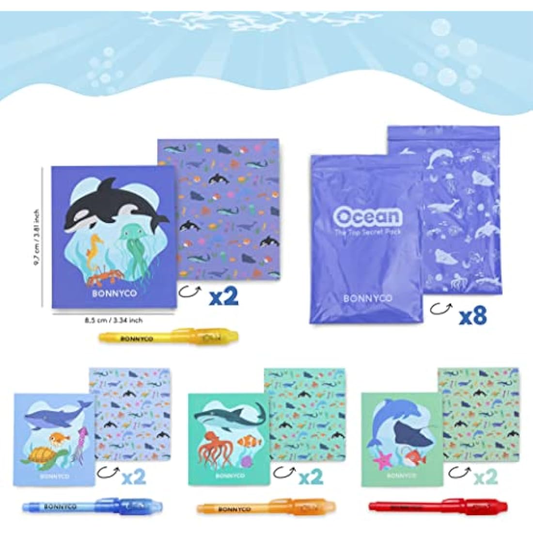 BONNYCO Invisible Ink Pen and Notebook, Pack 8 Sea Animals Ocean Party Bags Fillers, Pinata Toys | Birthday Decorations | Stocking Fillers for Kids Birthday | School Prizes, Gifts for Children