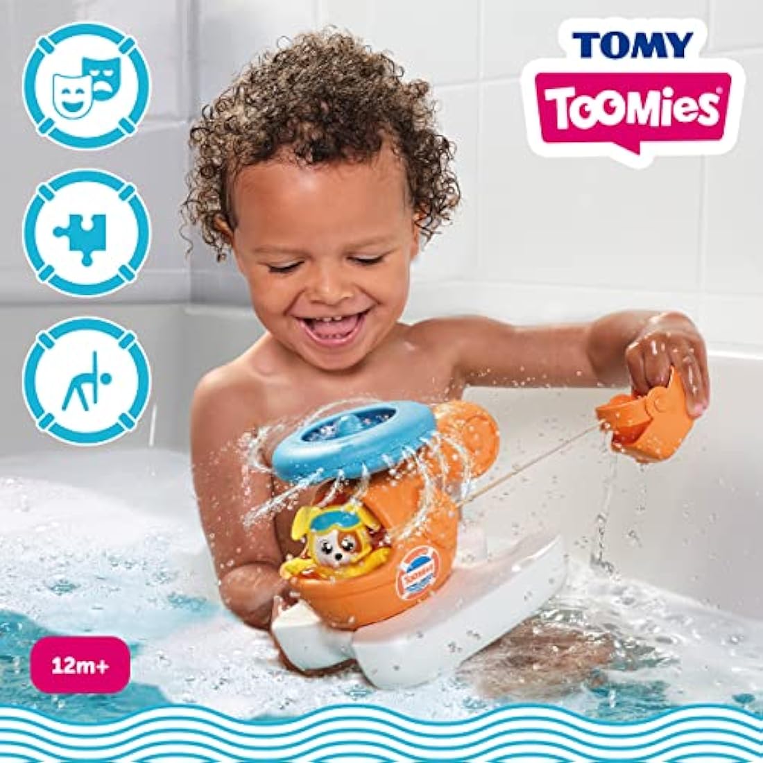 Toomies E73305C Splash & Rescue Helicopter Water Spinning Bath Floating Toy with Squirting Pilot – Rescue Bucket & Dolphin with Pouring Action – Suitable from 12 Months