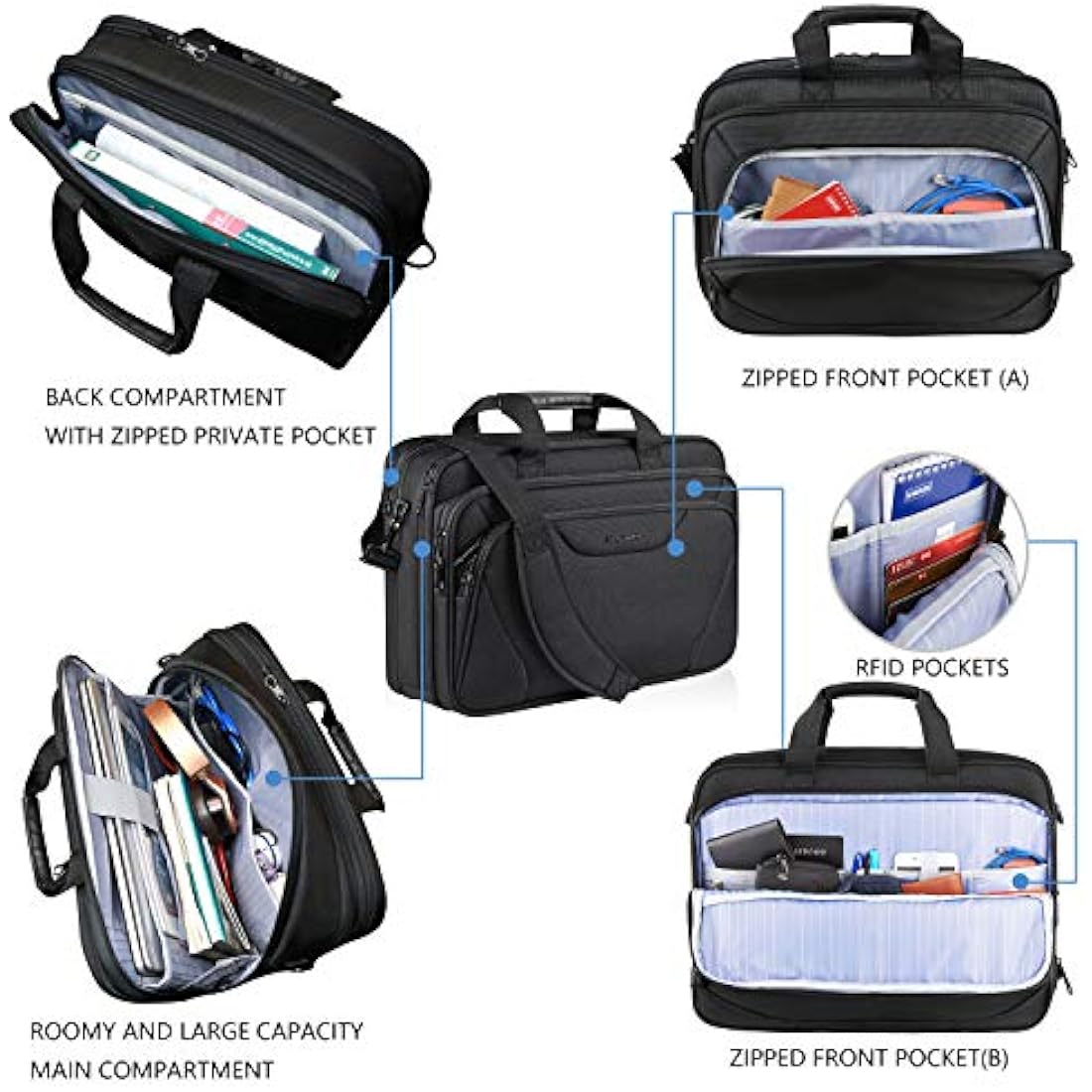 KROSER Laptop Bag Fits 17.3 Inch Laptop, Water Resistant Laptop Briefcase for Men Women Shoulder Bag Computer Bag with RFID Pockets Laptop Case for Work Travel Business School, Black
