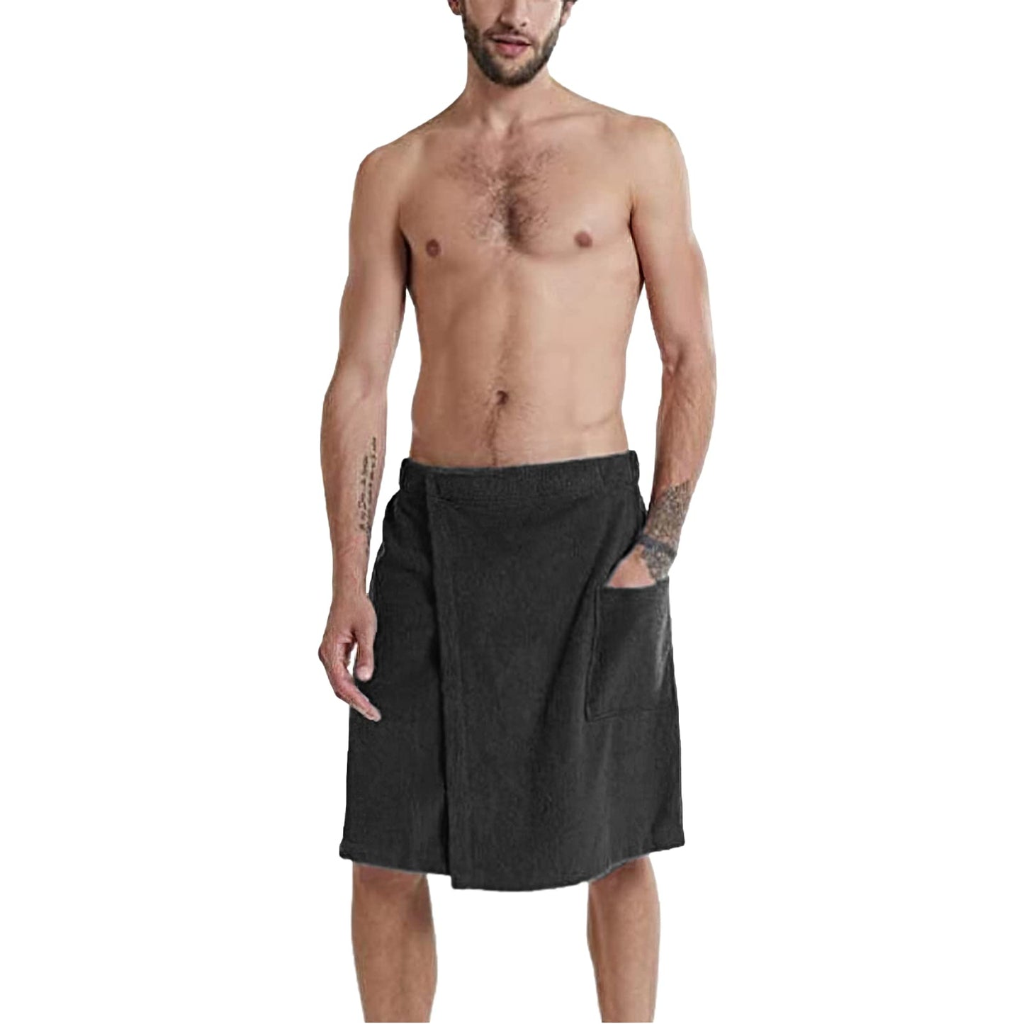 Jamron Mens Adjustable Bath Towel Wrap - Wearable Towel Skirt with Pocket for Gym Shower Sauna Spa & Beach Cover Ups Black L