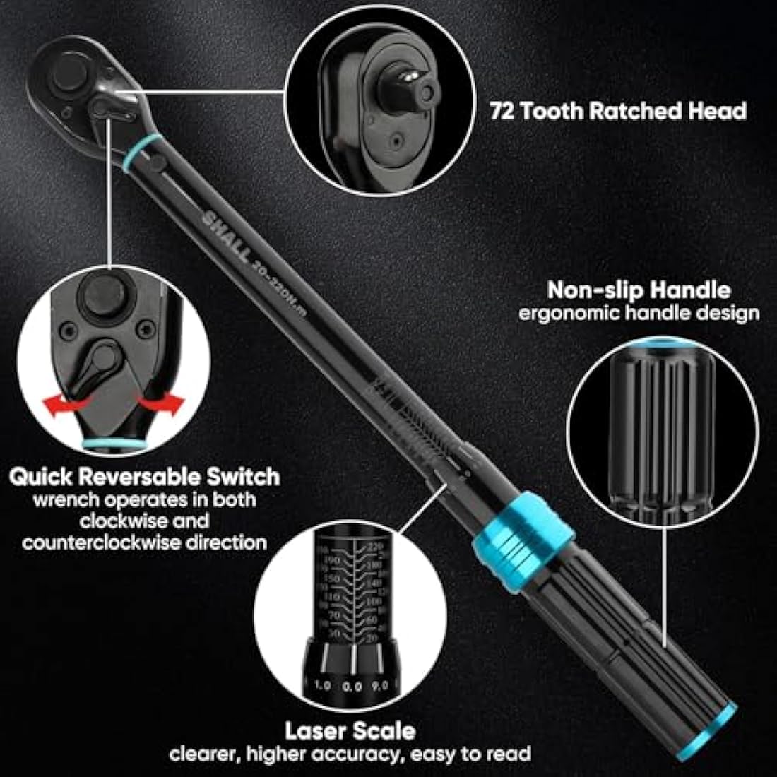 Shall 7-Piece 1/2" Torque Wrench Set, (20-220Nm) Dual Direction Adjustable 72 Tooth for Suitable for car and Motorcycle Maintenance,with Extension Pole and Storage Box